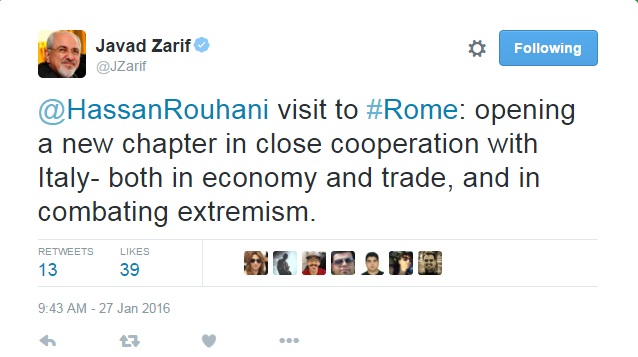 ظریف: سفر روحانی به رم فصل تازه ای از همکاری ها است ظریف: سفر روحانی به رم فصل تازه ای از همکاری ها است
