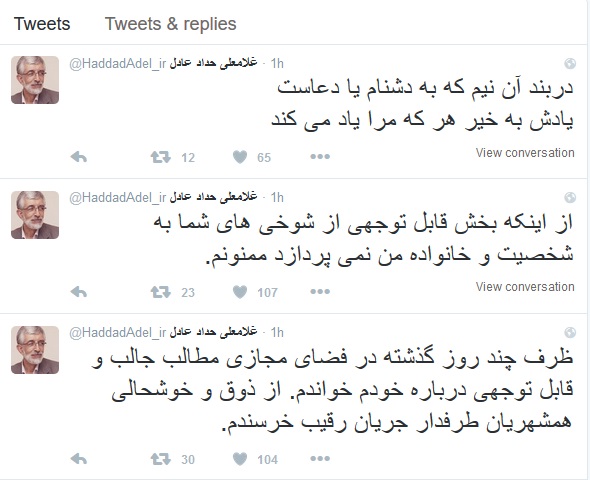 واکنش حدادعادل به طنزهای انتخاباتی (تصویر) واکنش حدادعادل به طنزهای انتخاباتی (تصویر)