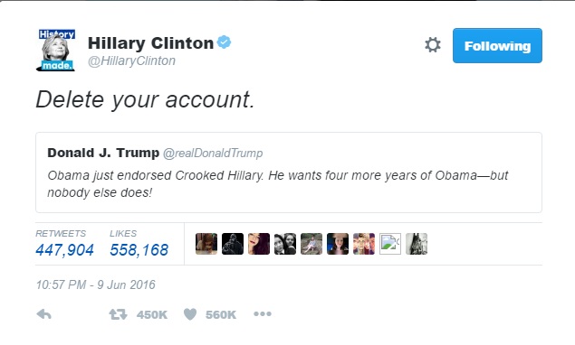 توییت جنجالی کلینتون علیه ترامپ 450 هزار مرتبه ریتوییت شد (تصویر)