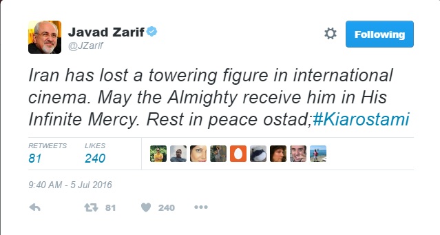 توییت ظریف، رادان، علیدوستی و مهناز افشار در سوگ کیارستمی