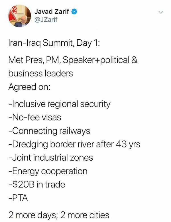 توئیت ظریف از اولین روز سفر روحانی به عراق