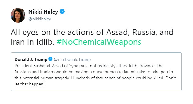 ادعای نیکی هیلی درباره مشارکت ایران و روسیه در حمله احتمالی به ادلب