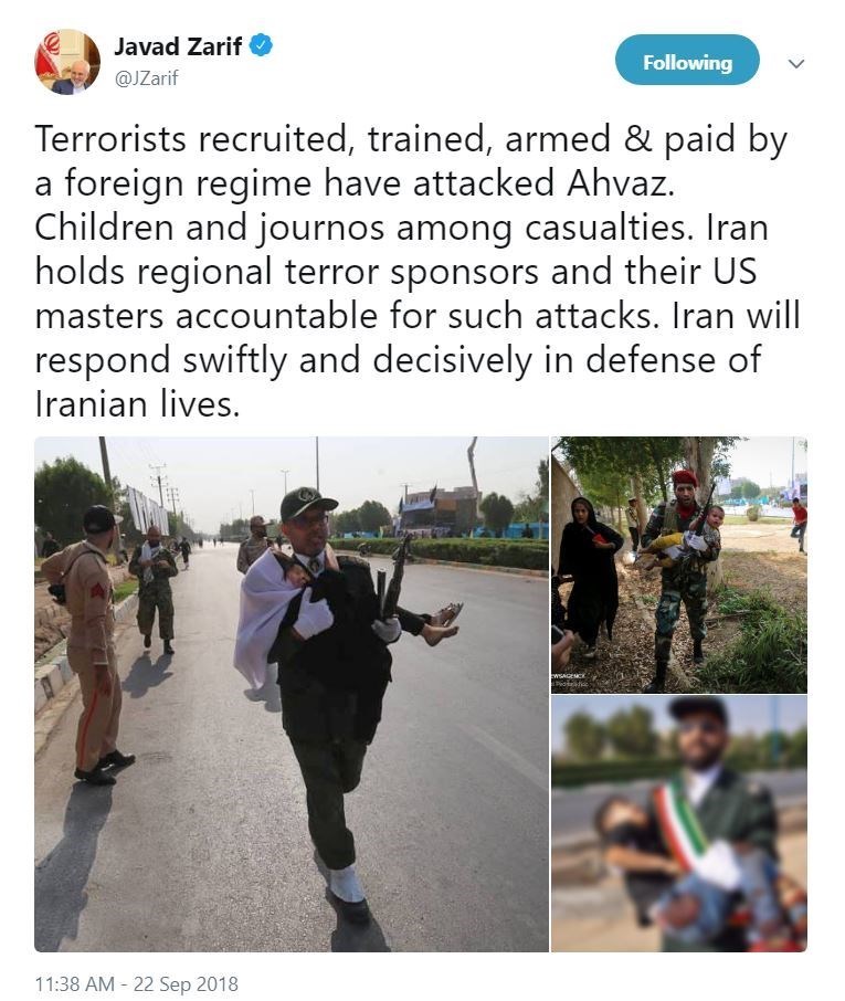 ظریف: ایران قاطعانه به حملات تروریستی اهواز پاسخ خواهد داد/ حامیان تروریسم و اربابان آمریکایی‌شان مسئول هستند