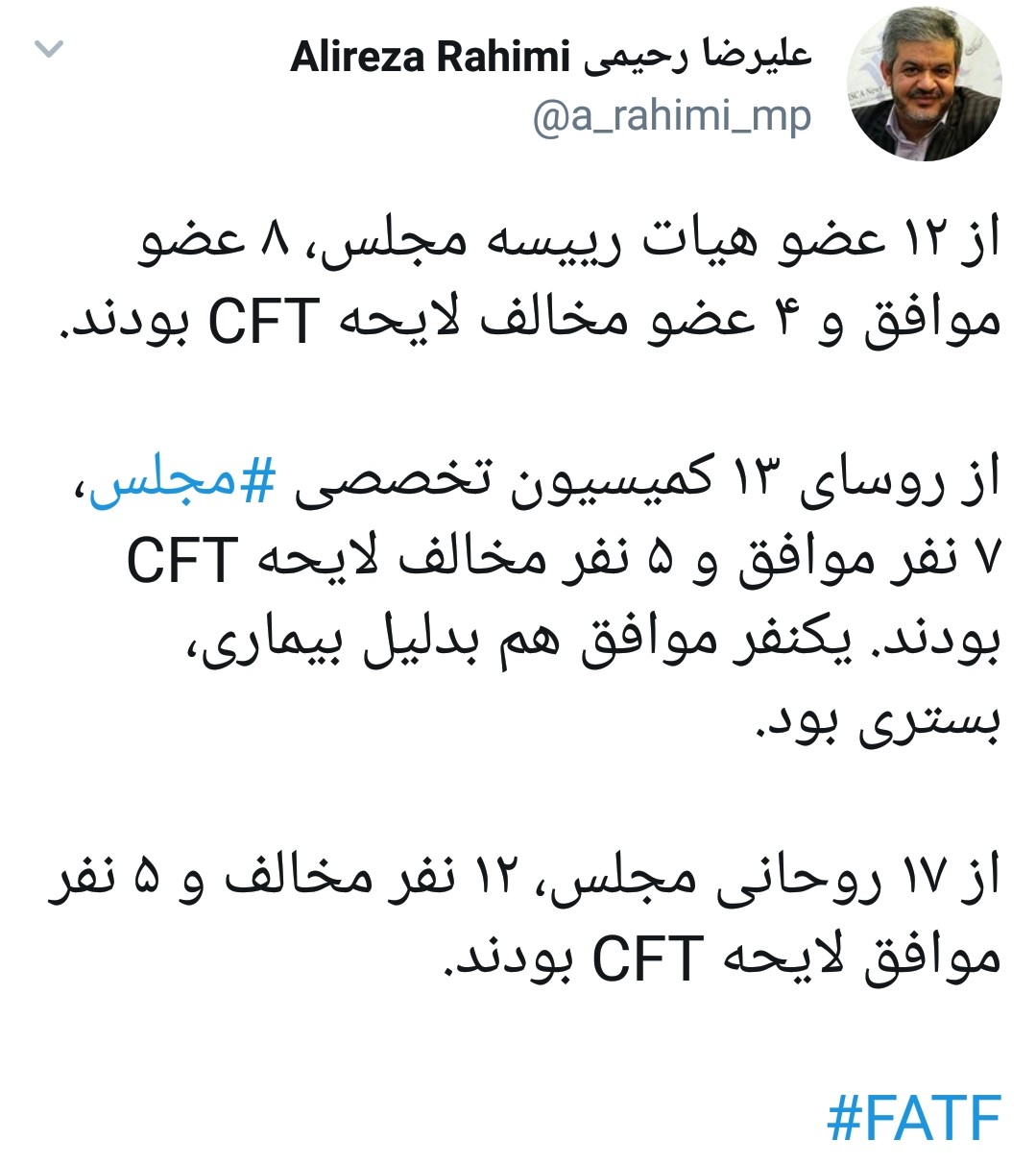 چند نفر از اعضای هیئت رئیسه مجلس به CFT رای دادند؟