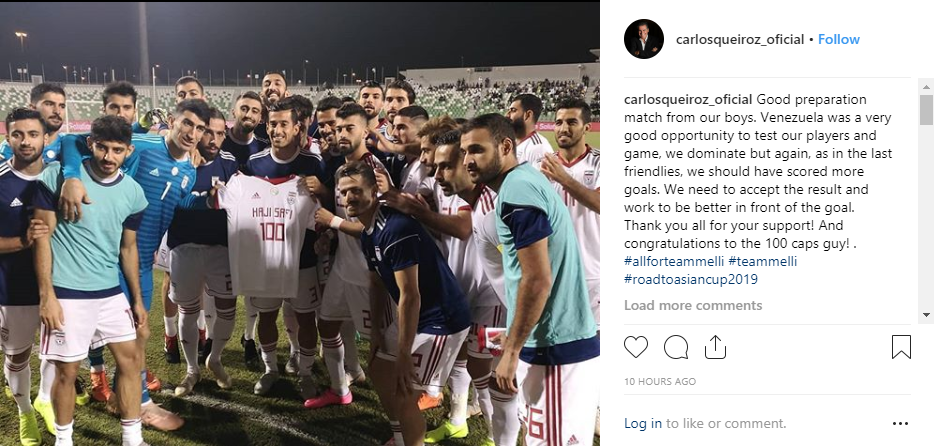 پست اینستاگرامی کیروش بعد از بازی با ونزوئلا +عکس پست اینستاگرامی کیروش بعد از بازی با ونزوئلا +عکس