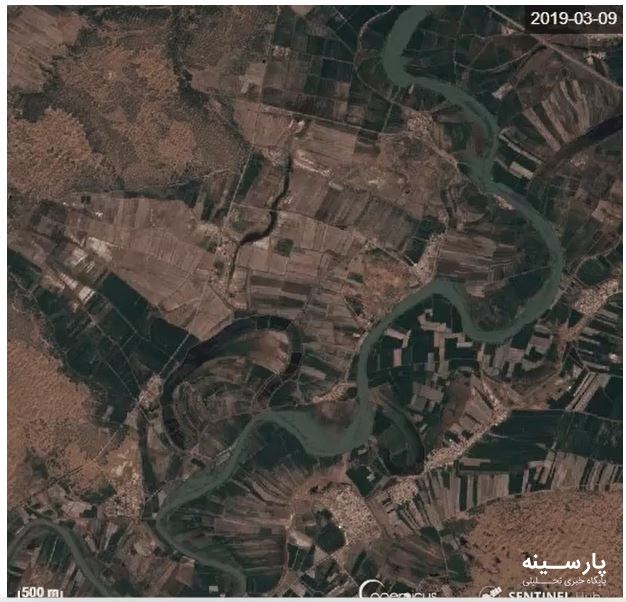 تصویر ماهواره‌ای از چند برابر شدن عرض کارون بعد از سیل