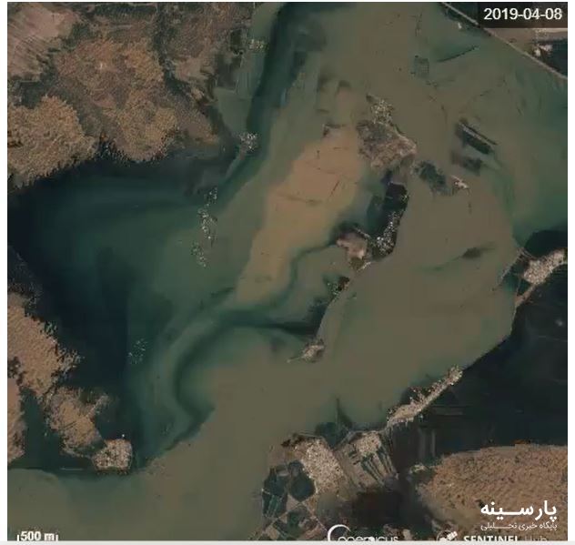 تصویر ماهواره‌ای از چند برابر شدن عرض کارون بعد از سیل