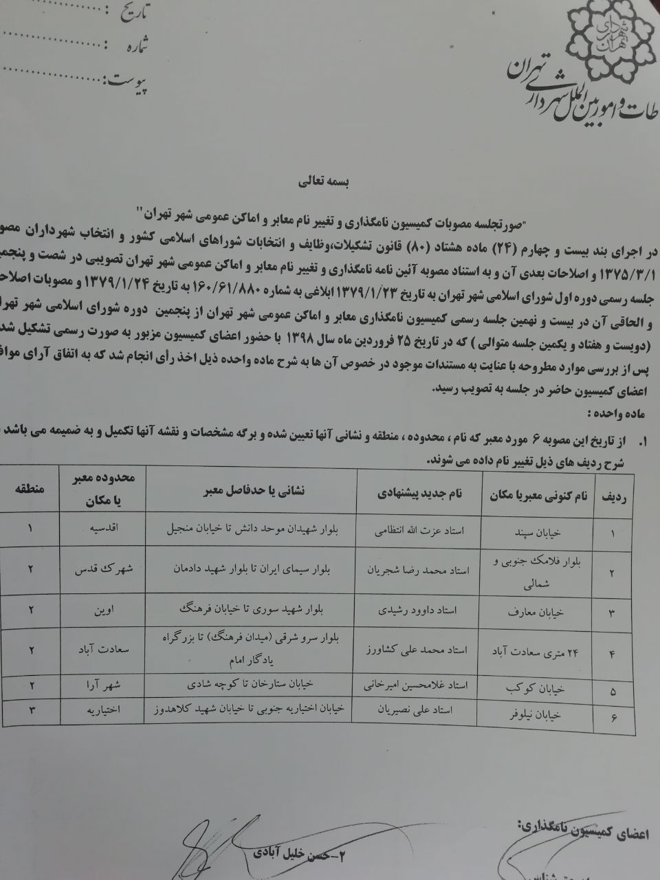 تغییر نام چند خیابان در تهران به نام هنرمندان/ نامگذاری خیابانی به نام شجریان در تهران