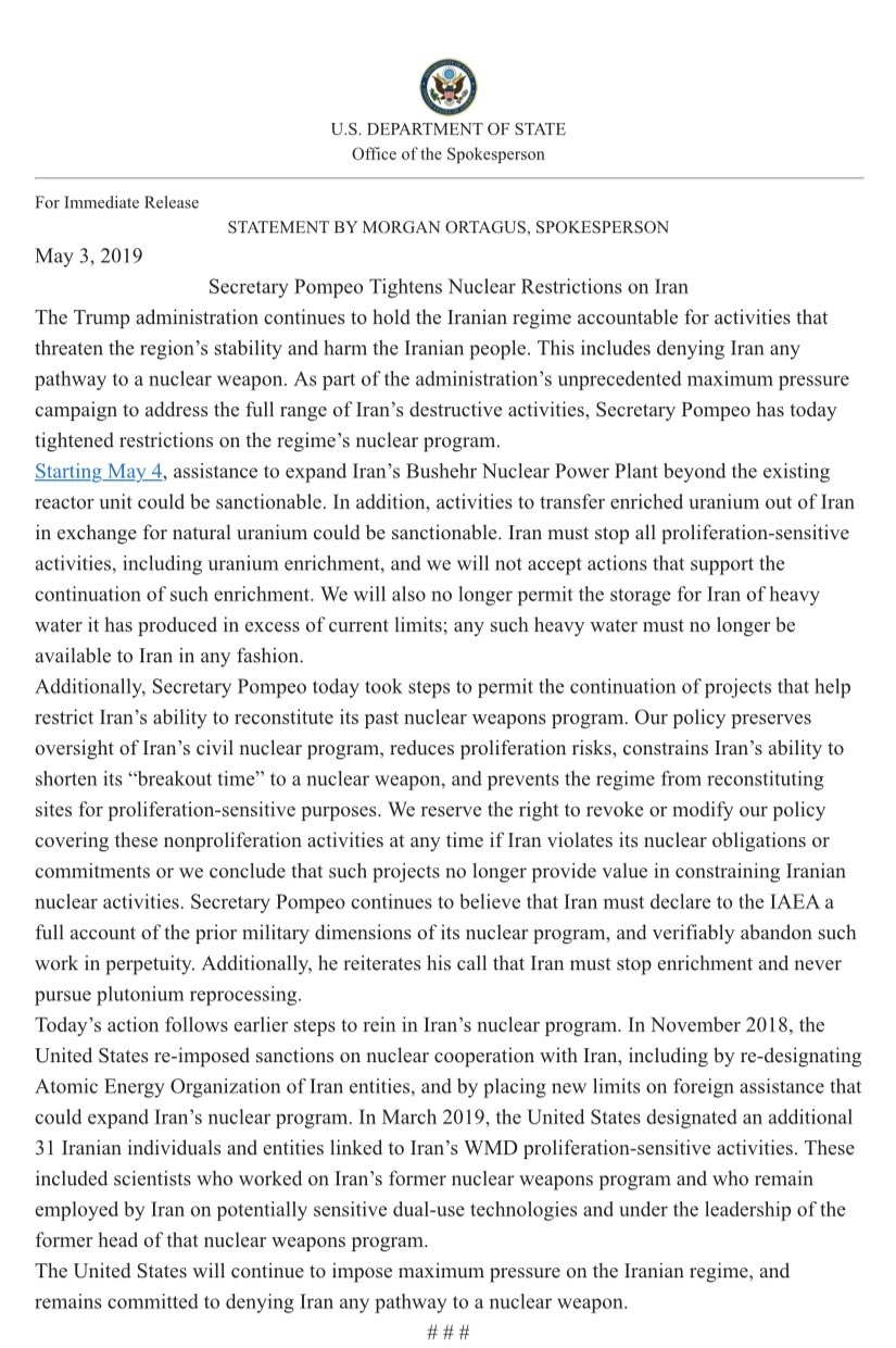 آمریکا دو معافیت همکاری هستهای با ایران را لغو کرد آمریکا دو معافیت همکاری هستهای با ایران را لغو کرد