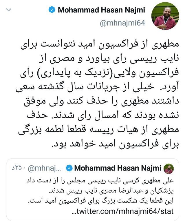 لطمه به فراکسیون امید با رای نیاوردن مطهری در هیئت رئیسه مجلس