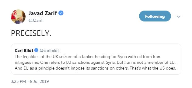 ظریف: توقیف نفتکش حامل نفت ایران، بدعتی خطرناک به نیابت از «تیم ب» است