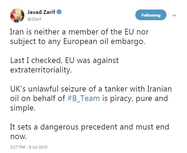 ظریف: توقیف نفتکش حامل نفت ایران، بدعتی خطرناک به نیابت از «تیم ب» است