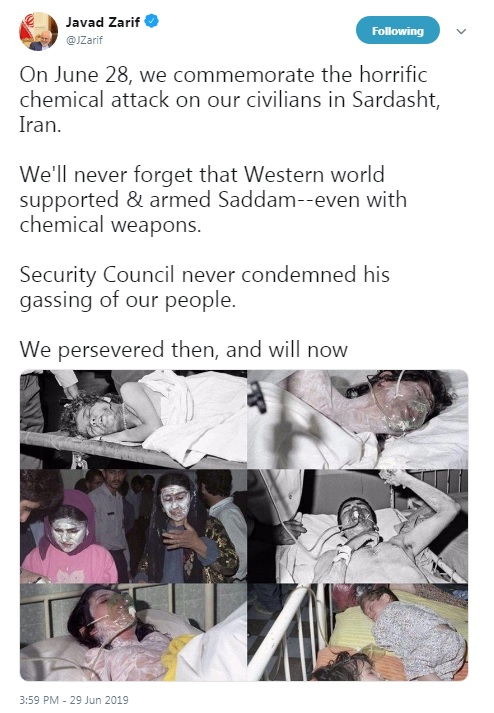 توئیت ظریف در سالگرد حمله شیمیایی به سردشت