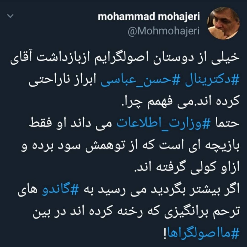 کنایه مهاجری به ناراحتی برخی اصولگرایان از بازداشت حسن عباسی کنایه مهاجری به ناراحتی برخی اصولگرایان از بازداشت حسن عباسی