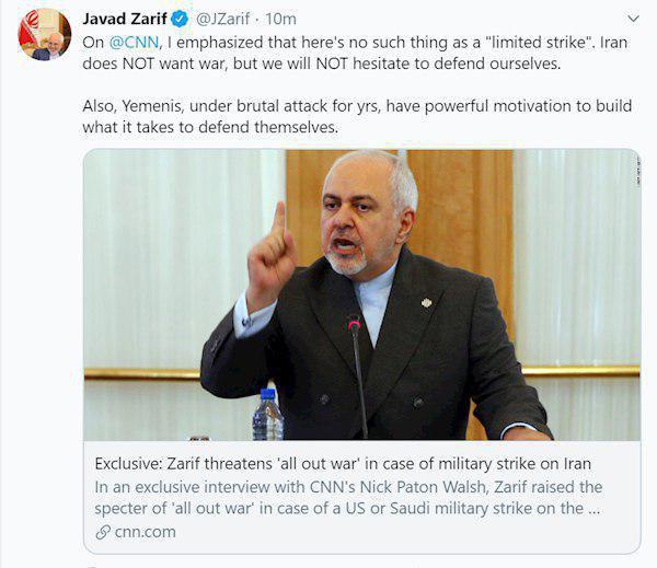 ظریف: خواهان جنگ نیستیم، اما برای دفاع از خود تعلل نخواهیم کرد ظریف: خواهان جنگ نیستیم، اما برای دفاع از خود تعلل نخواهیم کرد