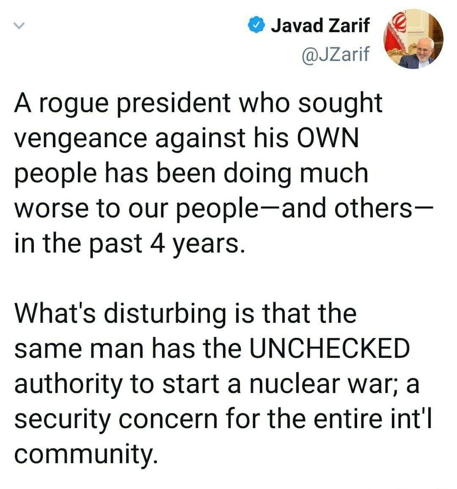 ظریف: ترامپ اختیار غیرقابل کنترل آغاز یک جنگ هسته‌ای را دارد