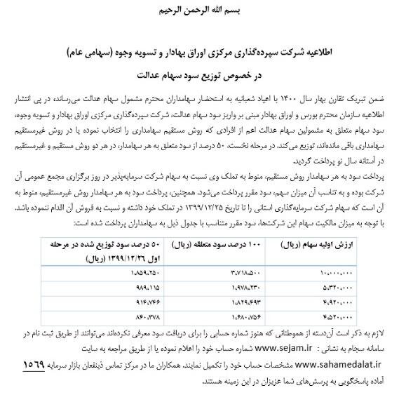 نصف سود سهام عدالت واریز شد نصف سود سهام عدالت واریز شد