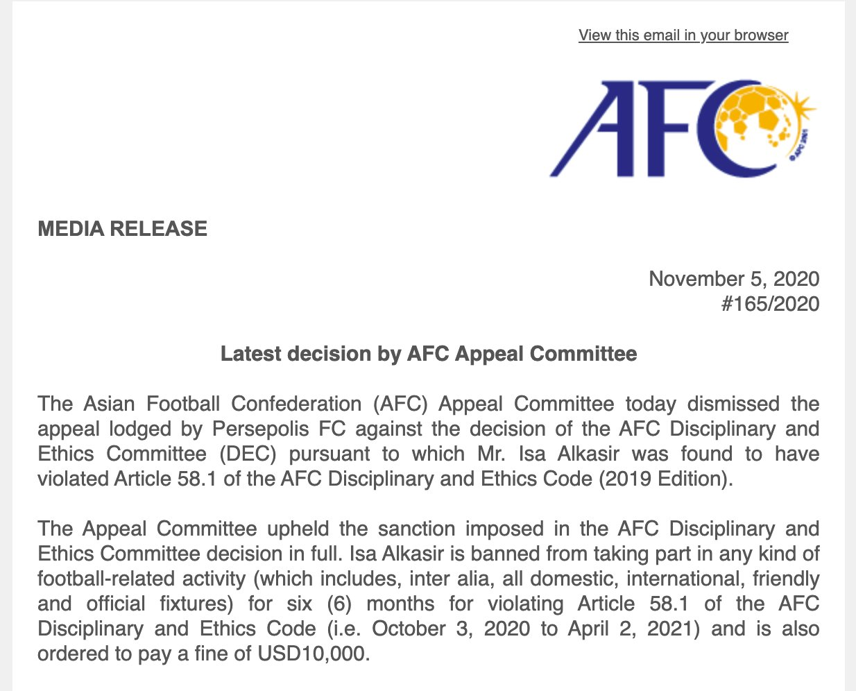 درخواست لغو محرومیت عیسی آل کثیر رد شد