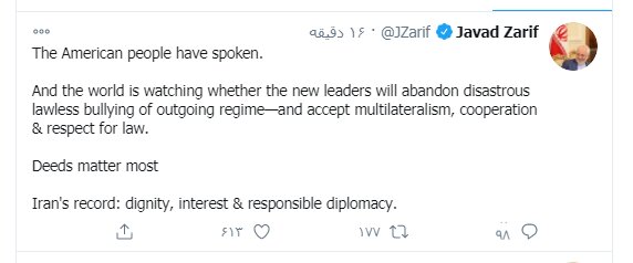 نخستین واکنش ظریف به نتیجه انتخابات در آمریکا نخستین واکنش ظریف به نتیجه انتخابات در آمریکا
