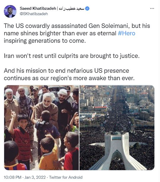 خطیب زاده: ماموریت شهید سلیمانی برای پایان حضور مخرب آمریکا ادامه دارد