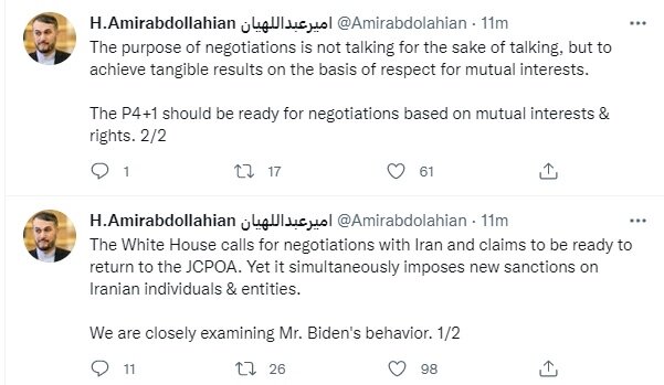 واکنش امیرعبداللهیان به تحریم‌های آمریکا: با دقت رفتار بایدن را می‌سنجیم