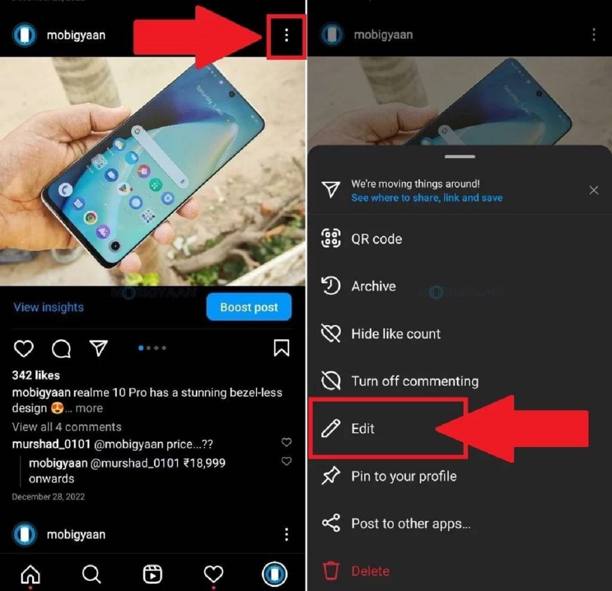 ادیت پست در اینستاگرام