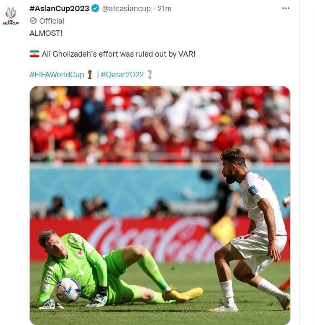 واکنش AFC به مردود شدن گل ایران در جام جهانی