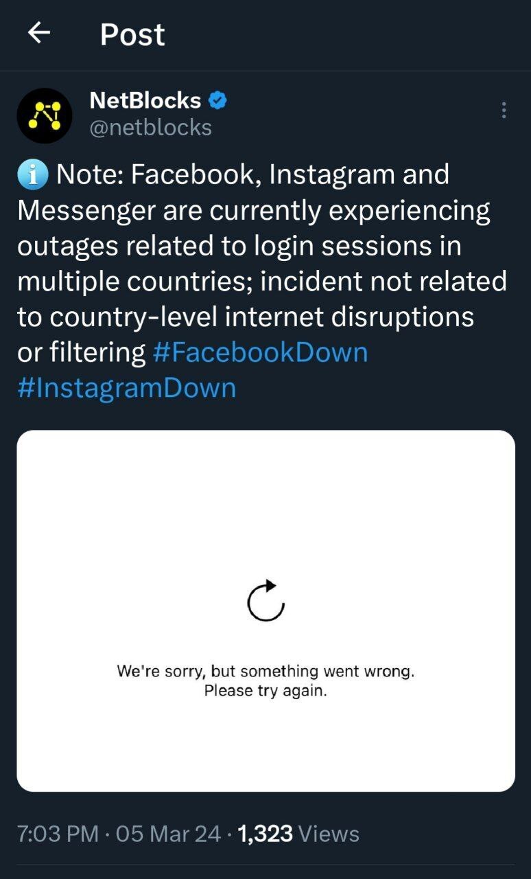 اینستاگرام، فیسبوک و فیسبوکی مسنجر از دسترس خارج شد