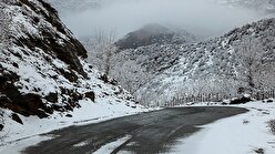 نمایی زیبا از جاده برفیِ الموت در قزوین