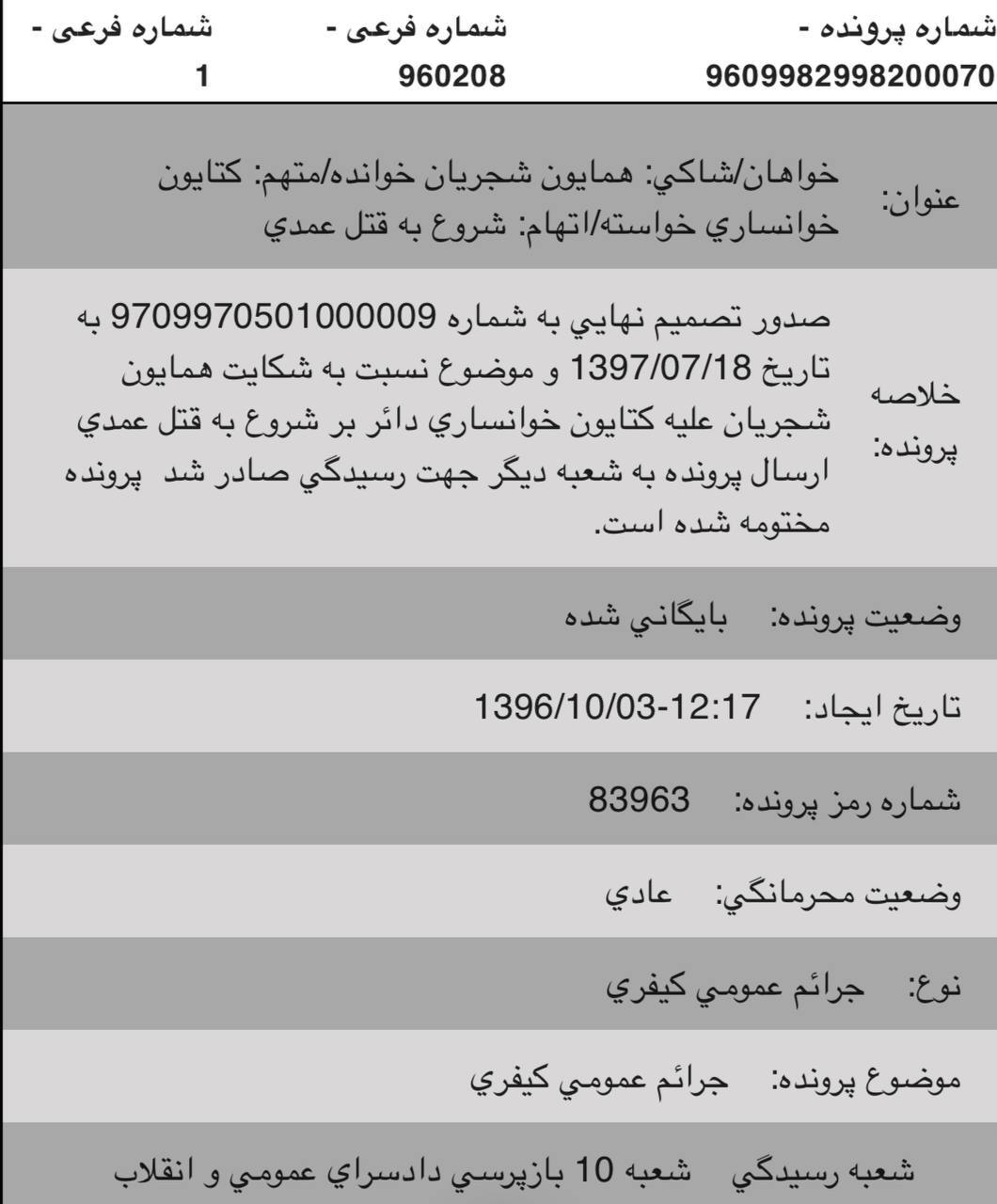 شکایت همایون شجریان از همسر پدرش به اتهام شروع قتل