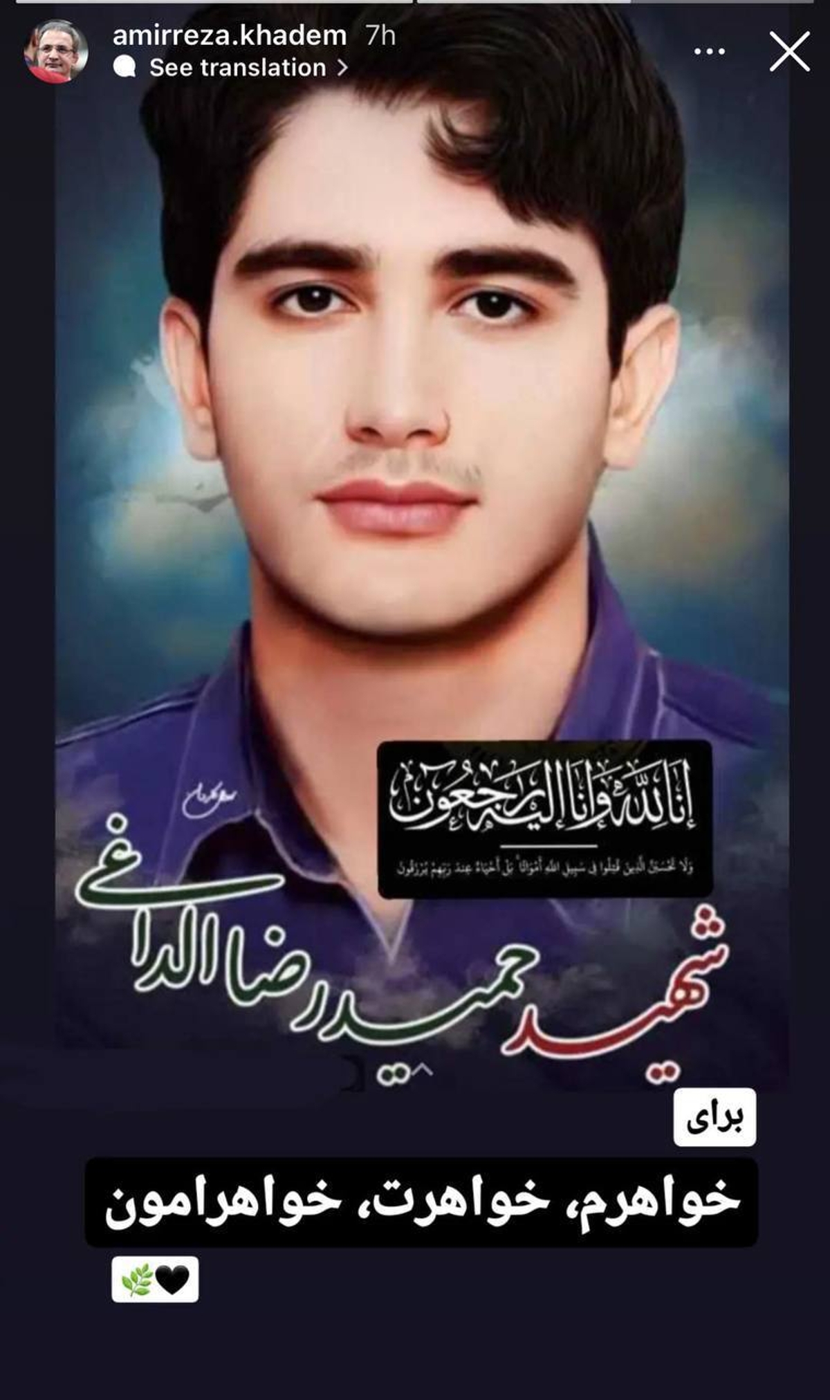 واکنش امیررضا خادم قهرمان کشتی به شهادت حمیدرضا الداغی با شعر ترانه شروین حاجی‌پور