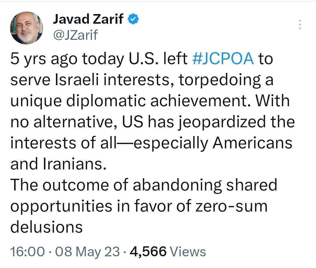 جواد ظریف: آمریکا بخاطر اسرائیل برجام را از بین برد