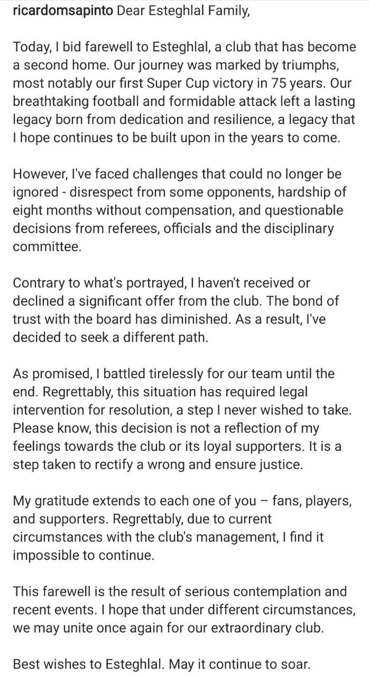 ساپینتو با استقلال خداحافظی کرد ساپینتو با استقلال خداحافظی کرد