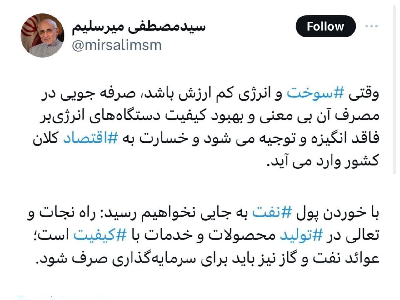 توئیت جنجالی میرسلیم؛ درخواست افزایش قیمت بنزین!