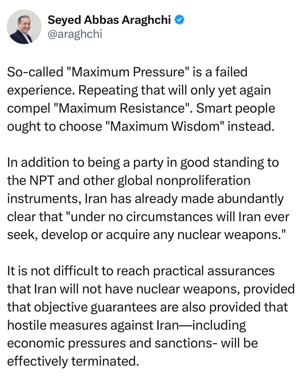 پاسخ توییتری عراقچی به ترامپ: تضمین می‌دهیم به شرط اینکه تضمین دهید