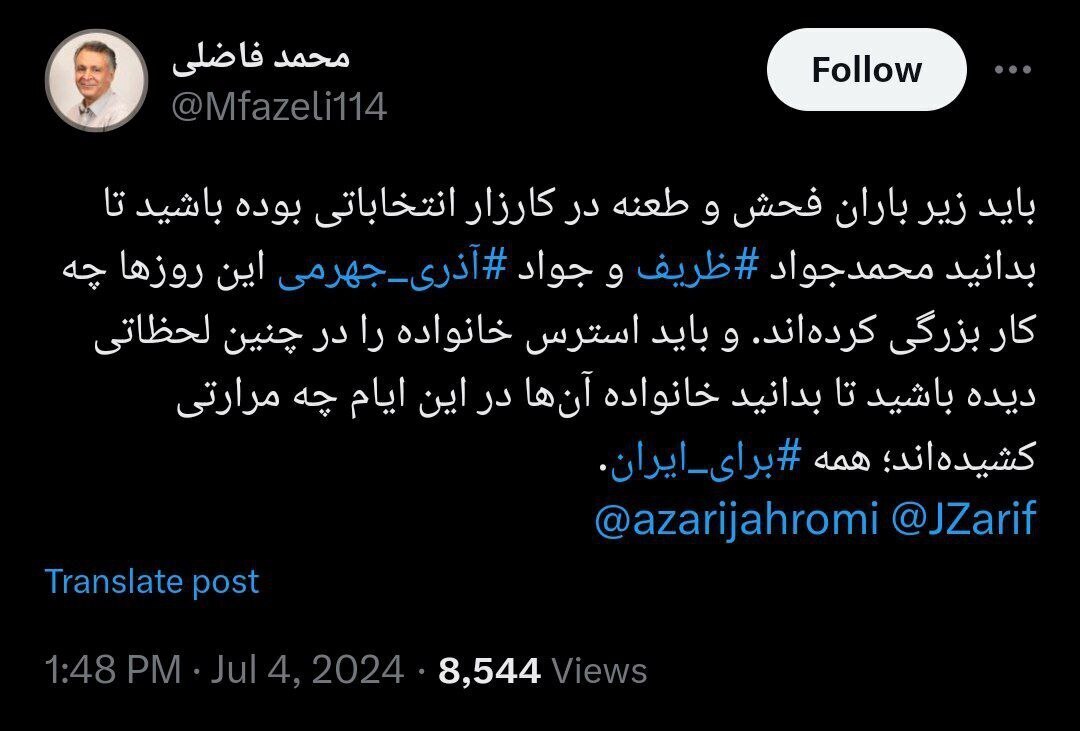 فاضلی: باید زیر باران فحش و طعنه بوده باشید تا بدانید ظریف و آذری جهرمی این روز‌ها چه کار بزرگی کرده‌اند