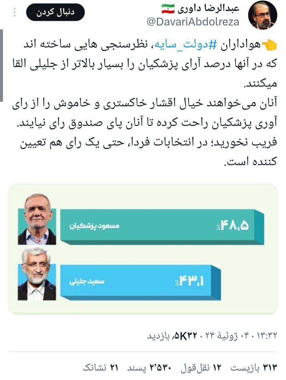 عبدالرضا داوری: با نتایج نظرسنجی می‌خواهند خیالتان را راحت کنند تا رای ندهید