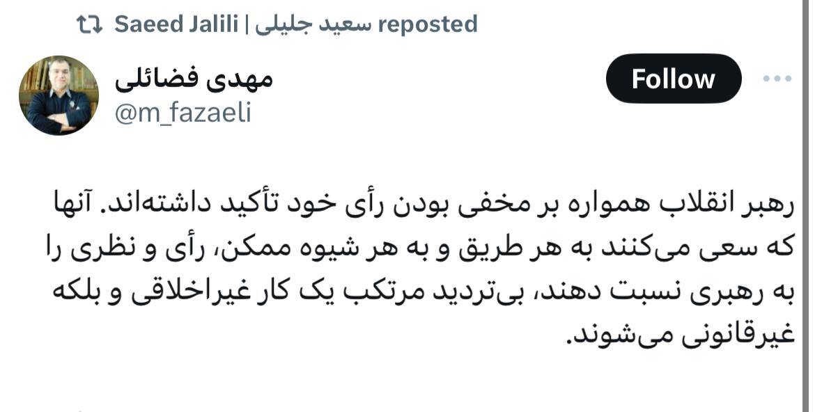 انتقاد تند فضائلی از تلاشی برخی برای افشای رای رهبری