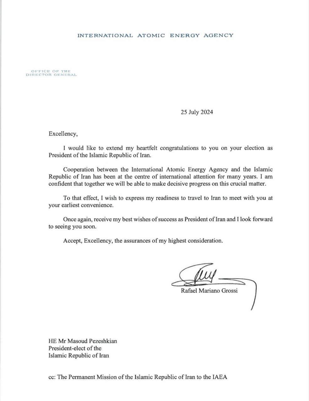 پیام گروسی به پزشکیان؛ آماده و منتظر دیدار با شما هستم پیام گروسی به پزشکیان؛ آماده و منتظر دیدار با شما هستم