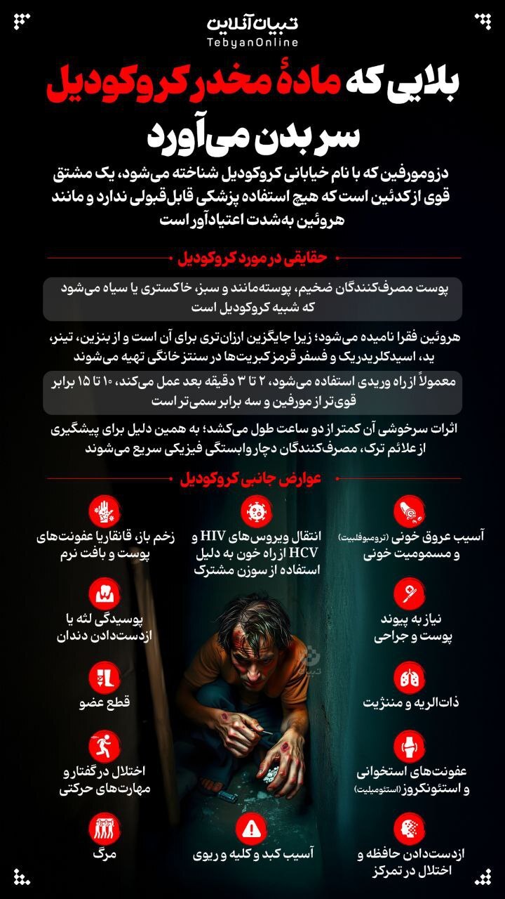 اینفوگرافی| بلایی که مادهٔ مخدر کروکودیل سر بدن میآورد اینفوگرافی| بلایی که مادهٔ مخدر کروکودیل سر بدن میآورد