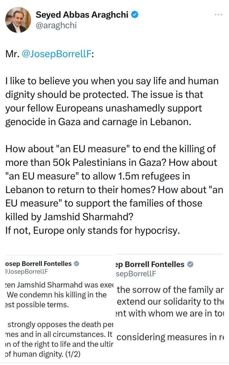 پاسخ توییتری عراقچی به بورل: اروپا تنها نماد ریاکاری است پاسخ توییتری عراقچی به بورل: اروپا تنها نماد ریاکاری است