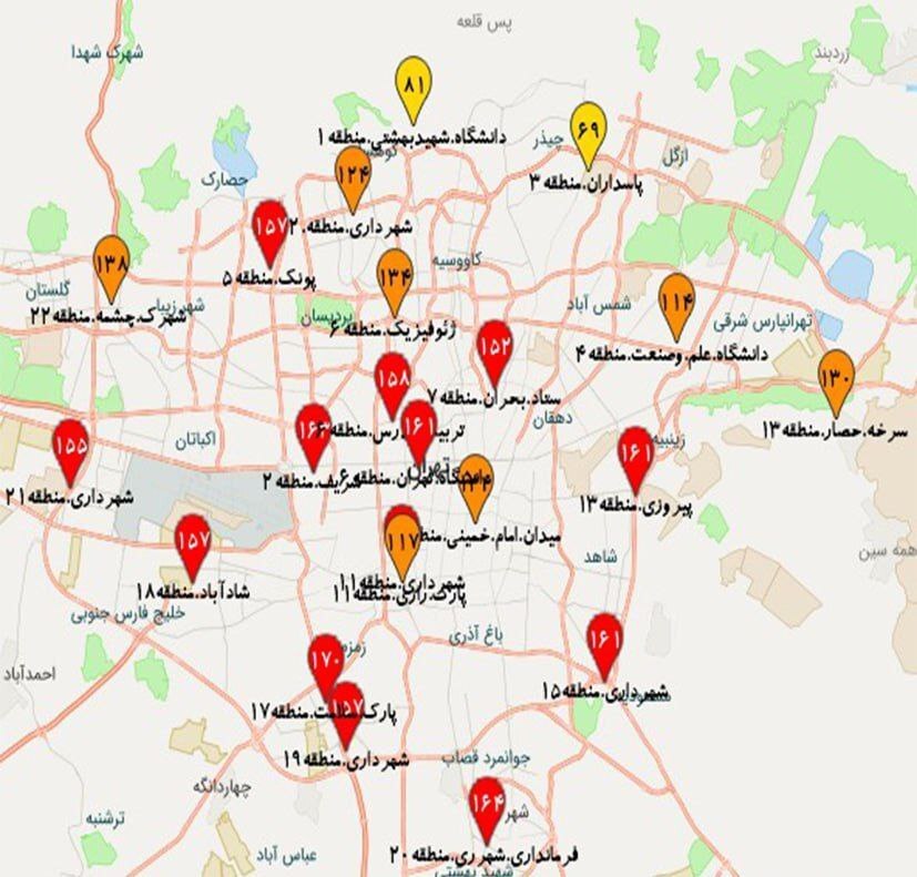 هوای اکثر مناطق تهران در وضعیت قرمز هوای اکثر مناطق تهران در وضعیت قرمز