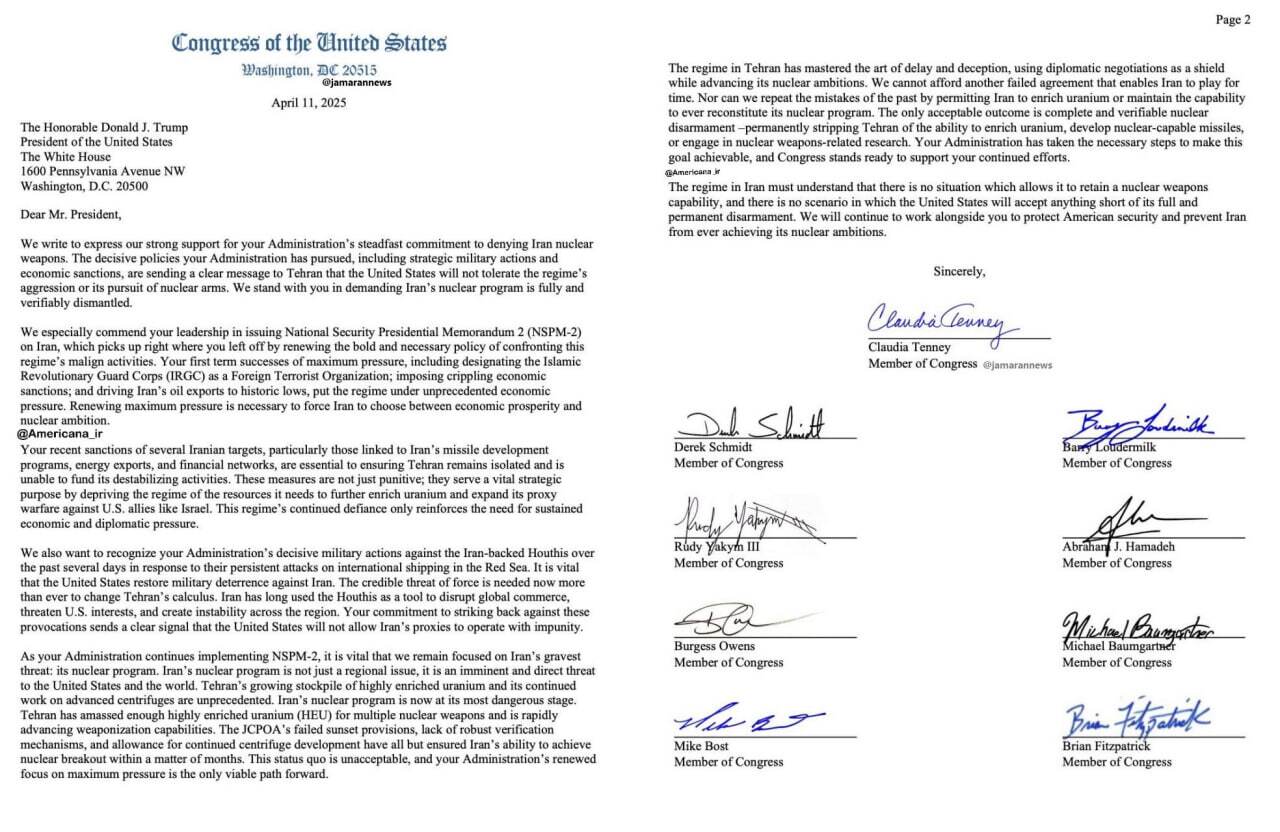 نامه نمایندگان کنگره آمریکا: ایران باید از هرگونه غنی‌سازی اورانیوم محروم شود