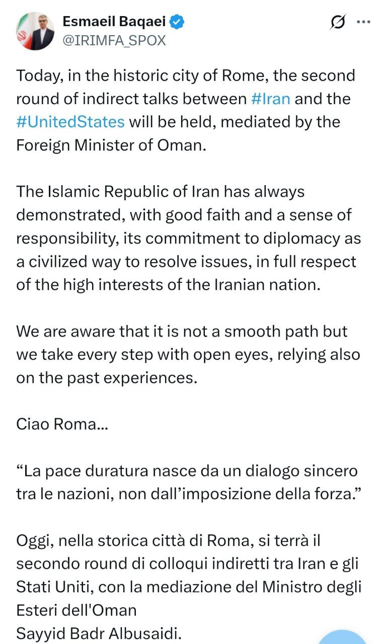 توییت مهم بقایی درباره مذاکرات رم؛ می‌دانیم مسیر پیش‌رو هموار نیست