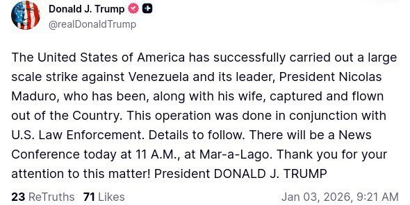 فوری| ترامپ: مادورو بازداشت شد متن