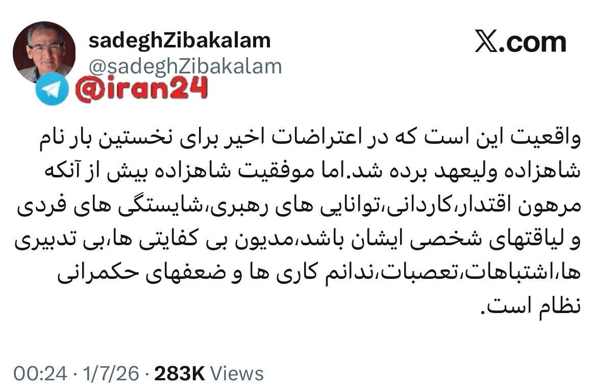 زیباکلام: موفقیت شاهزاده محصول ضعف حاکمیت است، نه شایستگی فردی