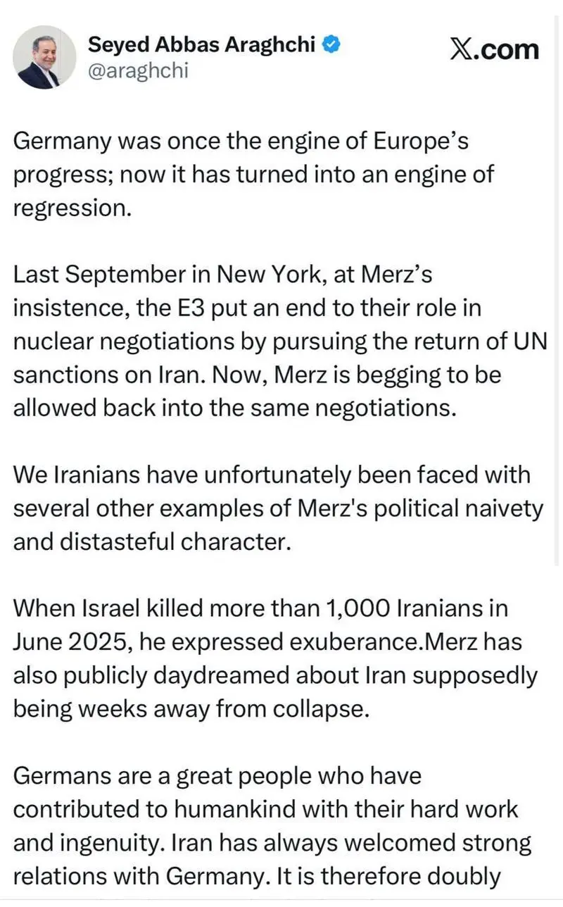 واکنش تند عراقچی به مواضع صدراعظم آلمان درباره ایران