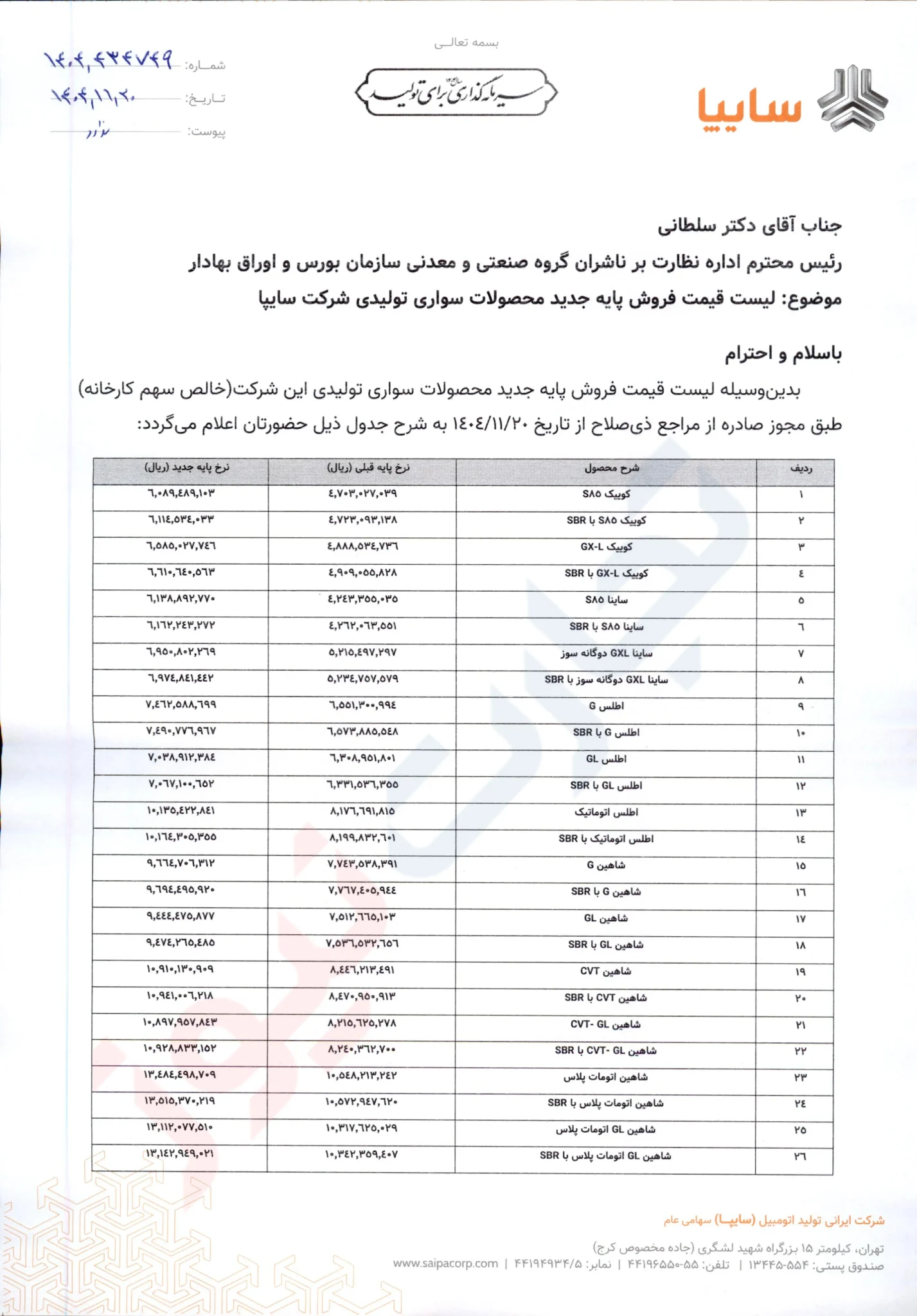 قیمت جدید محصولات سایپا