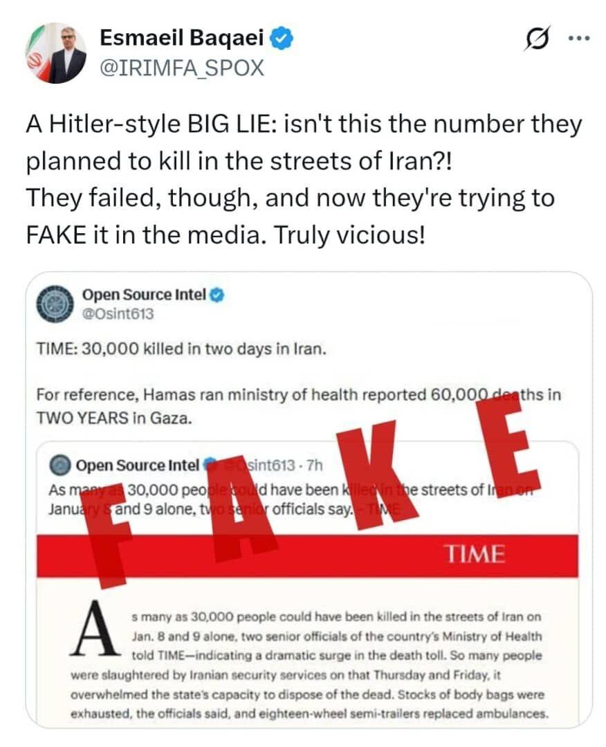 سخنگوی وزارت خارجه آمارِ مجله «تایم» از کشته‌شدگان ناآرامی‌های ایران را تکذیب کرد