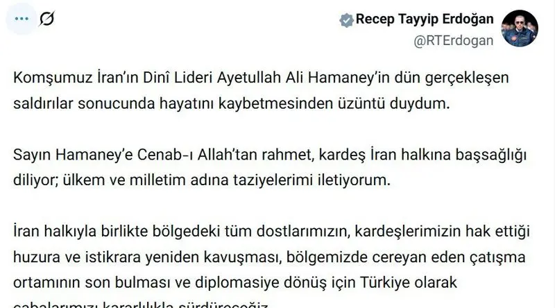 پیام تسلیت اردوغان به مناسبت شهادت رهبر انقلاب